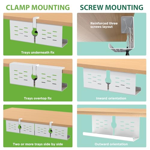 KEEGH 16'' Under Desk Cable Management Tray, No Drill Clamp/Screws Mount, Sturdy Metal Cable Tray for Place Power Strip, Cord Management Tray for Home Office, Gaming Desk, Standing Desk, 1 Pack, White - color: White, size: 1 Pack