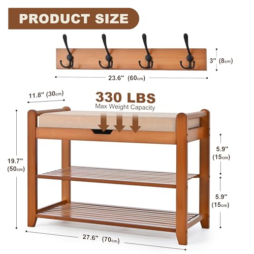 Shoe Storage Bench with Coat Rack, 27.6in Hall Tree Shoe Rack, 3-Tier Bamboo Entryway Bench Holds Up to 330lb for Bedroom Hallyway - size: 27.6in with Hooks
