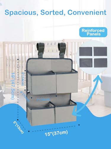 Hanging Diaper Organizer for Crib/Playpen/Bassinet/Playard – Hold 80+ Diapers - 4 Deep Pockets- Changing Table Diaper Holder Bag- Diaper Storage for Newborn Baby Essentials Stacker Caddy, Gray - color: Gray