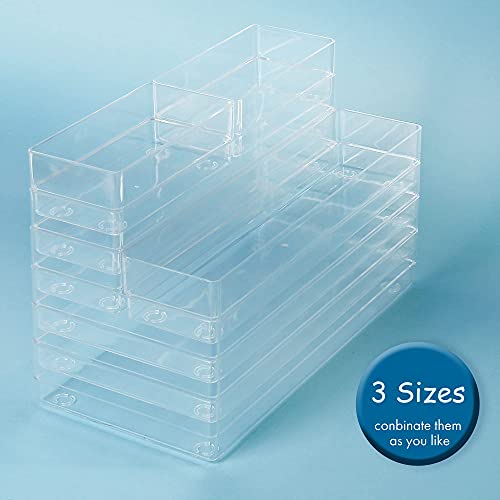 LotFancy Clear Drawer Organizers, 12” x 3” x 2”, Set of 3, Drawer Organizer Trays for Desk, Plastic Storage Bins for Bathroom, Makeup, Utensils, Stackable - size: 12x3x2''