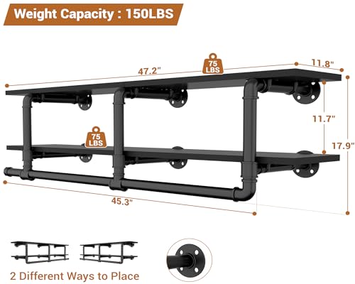 Aheaplus Industrial Pipe Clothes Rack with Top Shelf, 47In Space-Saving Wall Mounted Clothing Rack, 2 Tiers Heavy Duty Pipe Clothing Shelves with Hanging Rod for Laundry Room, Closet Storage, Black - color: Black, size: 47IN