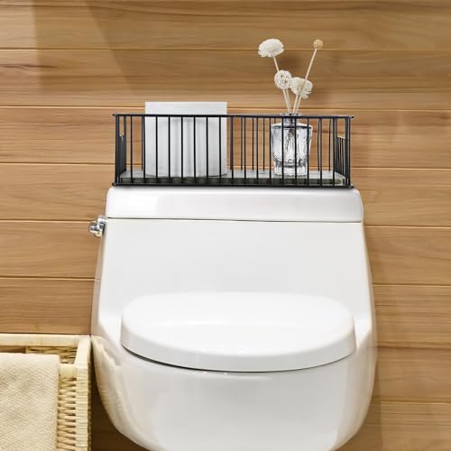 MyGift Modern Bathroom Storage Basket, Black Metal Wire Toilet Paper Holder with Vintage Gray Solid Wood Base, Toilet Tank Organizer Tray with Handles - color: Black / Vintage Gray