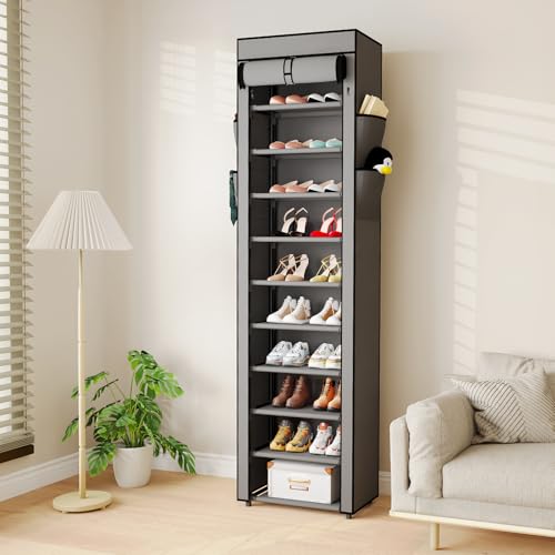 Mavivegue Shoe Rack with Cover, 10 Tier Tall Shoe Organizer for 18-22 Pairs of Shoes, Shoe Storage Organizer for Entryway, Closet, Garage, Grey, S - color: Grey
