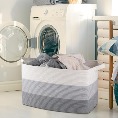 OIAHOMY Extra Large Blanket Basket, 110L Cotton Rope Woven Laundry Basket, Toy Bin for Baby Room, Container for Blanket Storage in Living Room, 24.8''×17.3''×15.8'', Gradient Grey - color: Gradient Grey, size: 110L