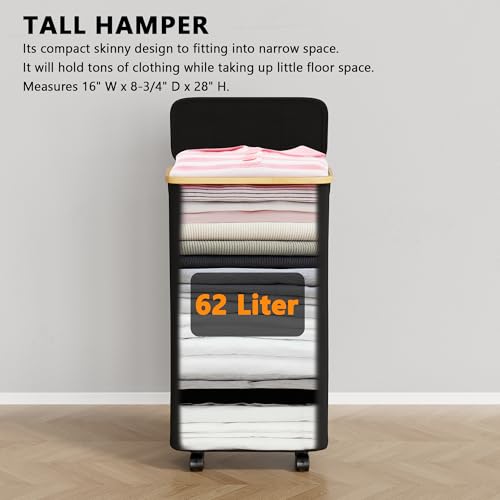 SpaceAid Slim Laundry Hamper with Wheels and Lid,62L Rolling Narrow Clothes Basket with Bamboo Handle, Large Laundry Hamper for Bedroom, Bathroom, Dorm, Laundry Room - Black - color: Black, size: 62 L