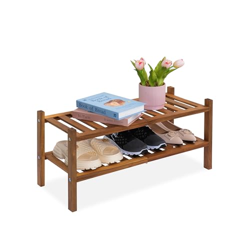 VICTORY RELAX Natural Acacia Wood 2-Tier Folding Shoe Rack – Space-Saving Wooden Shoe Organizer Shelf for Entryway, Hallway, Mudroom, or Closet – Compact Indoor Storage for Footwear & More - color: Nature