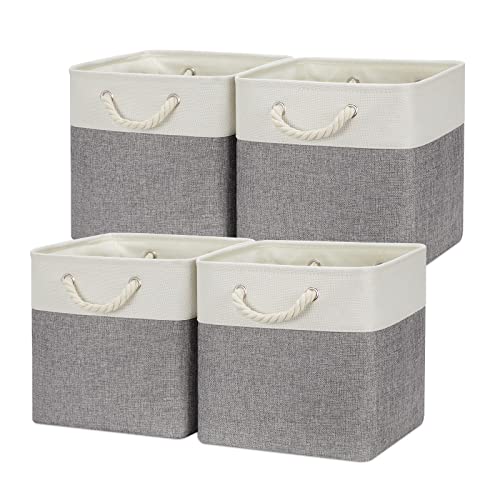 Temary Fabric Baskets 12 Inch Storage Cubes Basket with Handle, Clothes Baskets for Gift, Large Bins for Organizing Books, Blankets (White&Gray) - color: white&grey, size: 12"L x 12"W x 12"H