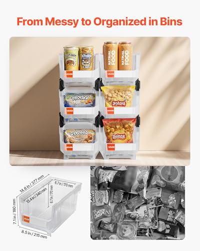 VEVOR Plastic Stackable Storage Bins, 14.8 x 8.5 x 7.1 inch (6 Pack), Plastic Containers for Organizing & Storage Bins for Closet, Garage, Small Parts, Office Supplies, Other Accessories, Transparent - color: Clear, size: 14L