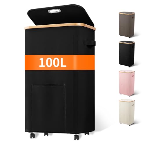 Vincona Laundry Basket with Wheels, Tall Dirty Clothes Hamper on Wheels, Rolling Laundry Hamper with lid for Dorm, Bedroom and Bathroom (Black, 100L) - color: Black, size: 100L