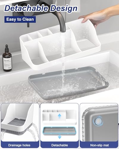 Bathroom Counter Organizer and Storage, 7 Slots Detachable Toothbrush Holders for Bathrooms, Anti-Slip Electric Toothbrush and Toothpaste Holder Countertop Vanity Organizer Accessories for Adults Kids - color: White Grey