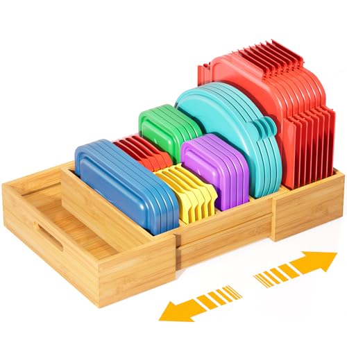 Kiasthome Expandable Bamboo Lid Organizers Inside Cabinet, Kitchen Cabinet Organizers with 3 Adjustable Dividers, Storage Plastic Lids, Food Container Lid Holder Organizer for Drawer Pantry, Nature - color: Nature