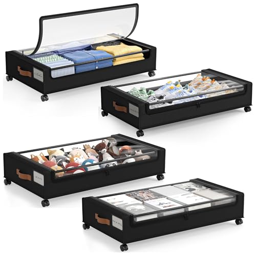 LAMU Under Bed Storage with Wheels, 4 Pack Under Bed Storage Containers with Clear Lid, XXL 60L Underbed Storage Bins, Rolling Under Bed Metal Drawers for Clothes, Blankets, Shoes, Black - color: Black, size: 4 Pack