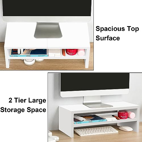 TEAMIX 2 Tier White Monitor Riser Stand, Wood Desktop Stand with storage for Laptop/PC/Printer/Keyboard, TV Stand Shelf Home Office Desk Accessories - color: White