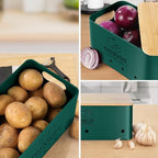 Kitchen Vegetable Storage Set of 3, Metal Onion Garlic Potato Storage Set, Kitchen Canisters Vegetable Keeper Containers with Aerating Holes and Wooden Lid (Alpine Green) - color: Alpine Green