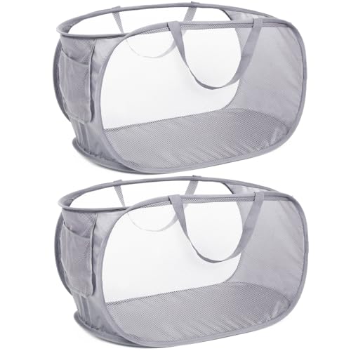 2 Pack Durable Collapsible Laundry Baskets - Reinforced Mesh Pop Up Laundry Hamper with Pocket, Foldable Dirty Clothes Hamper with Carry Handles for Laundry, Bathroom, Kids Room, Dorm or Travel Grey - color: 2 x Grey, size: Pop Vertical