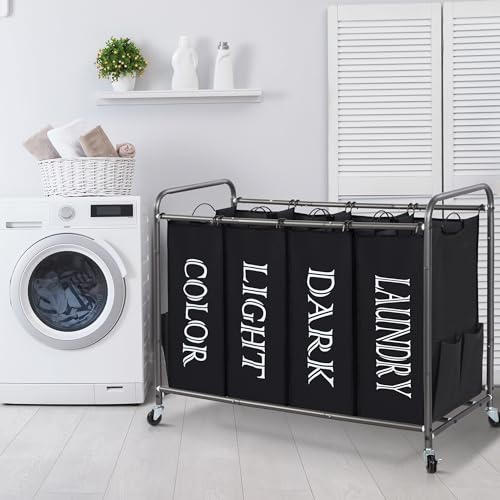 STORAGE MANIAC Laundry Sorter 4 Section, 47.8 Gal (181 L) Laundry Hamper with Wheels, Clothes Divider Basket Sorter, Clothes Separator Hamper Cart with Wheels and Removable Bags, Label Black - color: Lable Black, size: 4 Section