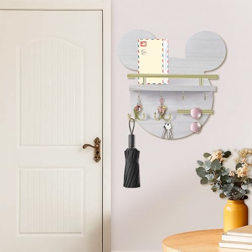 AIRPOP Key Holder for Wall–Mouse Wooden Mail Organizer Wall Mount with Shelf and 6 Hooks, Easy Installation Key Rack Hanger for Entryway Living Room Home Decor(White) - color: White