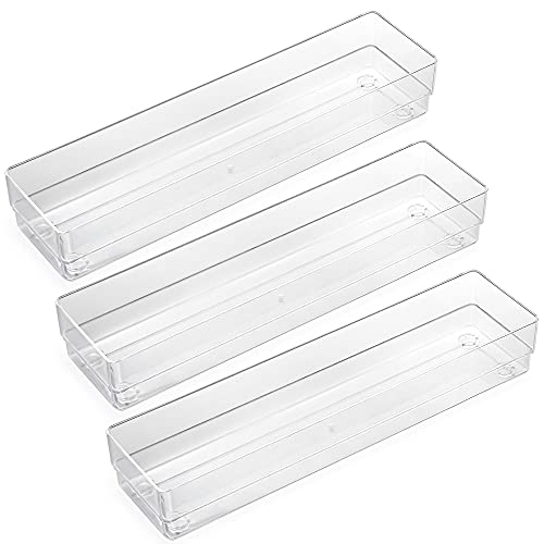 LotFancy Clear Drawer Organizers, 12” x 3” x 2”, Set of 3, Drawer Organizer Trays for Desk, Plastic Storage Bins for Bathroom, Makeup, Utensils, Stackable - size: 12x3x2''