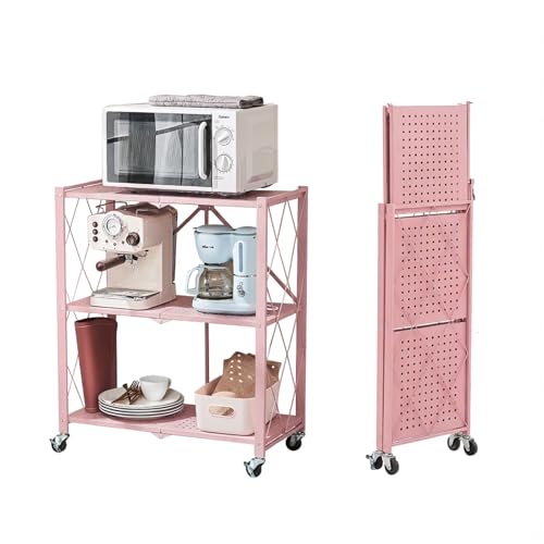 BRIAN & DANY 3-Tier Foldable Storage Shelves with Wheels, No Assembly Folding Shelf Metal Rack, Shelving Unit for Kitchen, Garage, Pink - color: Pink, size: 3-tier