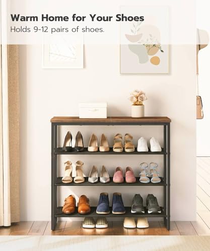 HOOBRO Shoe Rack, 4 Tier Shoe Storage Organizer with 3 Oxford Fabric Shelves and Top Panel, Holds 12-16 Pairs of Shoes for Entryway and Closet, Industrial, Rustic Brown BF47XJ01G1 - color: Rustic Brown + Black, size: 29.5"L x 11.2"W x 23.4"H