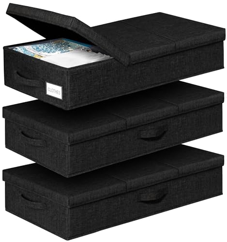 punemi Under The Bed Storage Containers 3 Pack, 6 Inch Tall Stackable Underbed Storage Bins With Handles, Closet Organizers and Storage Bins, Large Under Clothes Drawer Organizers Box For Crib, Black - color: Black-3pack, size: 6 inch Tall