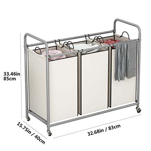 LINZINAR 3-Bag Laundry Sorter,Laundry Hamper Cart with Heavy Duty Rolling Lockable Wheels and Removable Bags (Beige) - size: 3 Bags Beige