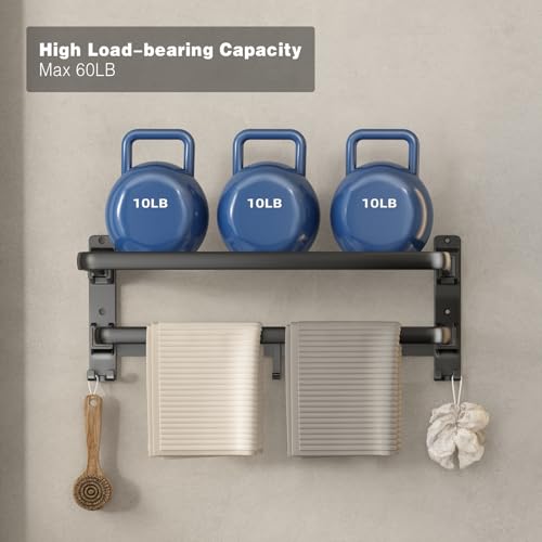 VOLDRA Towel Racks for Bathroom, 24-Inch Towel Shelf with Towel Bar Foldable Towel Holder with 7 Hooks Towel Storage Organizer for Bathroom & Lavatory Wall Mounted(Matte Black) - color: Matte Black, size: Extra 1 towel bar