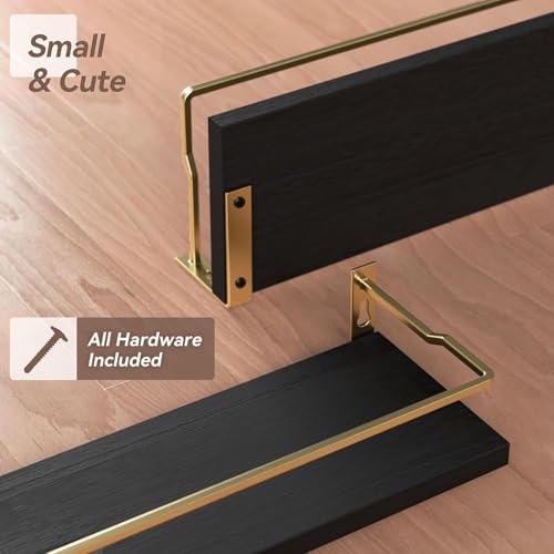 RICHER HOUSE Bathroom Floating Wall Shelf Set of 2 - Guard-Rail Small Wood Shelves for Decor, Over Toilet Storage, Kitchen Organizer - Black Gold - color: Black & Gold