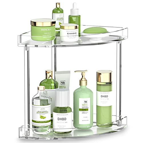 NPPLUS 2 Tier Acrylic Bathroom Counter Organizer, Clear Bathroom Countertop Corner Organizer, 2-Tier Corner Storage Shelf Vanity Trays, Home Storage Holder for Makeup Cosmetics Perfume Organizer - style: Fan-shaped