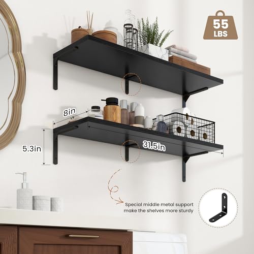 Fun Memories Deep Floating Shelves, 32W x 8D Floating Shelves Set of 2, Wall Mounted Shelf with Metal Brackets, Rustic Wood Wall Shelf for Bathroom, Kitchen and Living Room, Black - color: Black- L Bracket, size: 31.5"W x 8"D