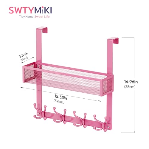 SWTYMIKI Over The Door Hook with 16 Hooks & Mesh Baskets - Heavy Duty Over The Door Organizer Hanger for Towels, Coats, Clothes - Space Saving Hanging Rack for Bathroom, Living Room, Pink - color: Pink-1 Basket