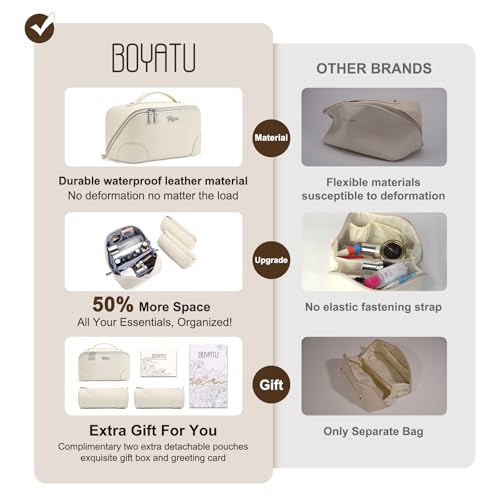 BOYATU Travel Makeup Bag Cosmetic Bags for Women: 3 Pcs Set Large Capacity Make up Bag with Handle - Waterproof Vegan Leather Toiletry Bags Travel Essentials with Compartments(C-3-White) - color: C-3-White