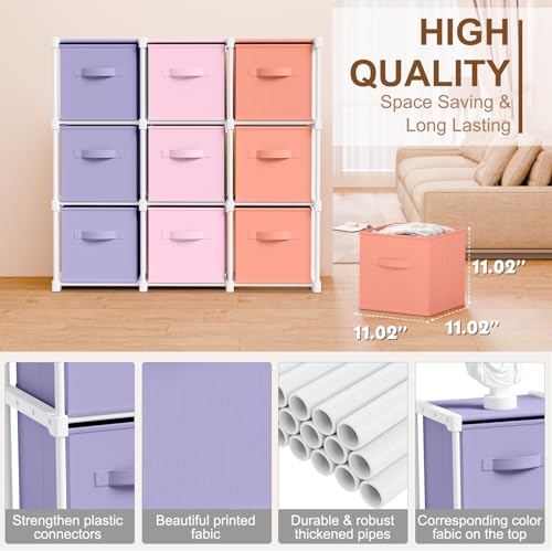 Briwooody 9 Cube Storage Organizer Bins with Shelf 11'' Toy Storage Box Back to School Dorm Organizers Fabric Unit for Playroom Book (Pink,Purple,Orange) - color: Pink,Purple,Orange