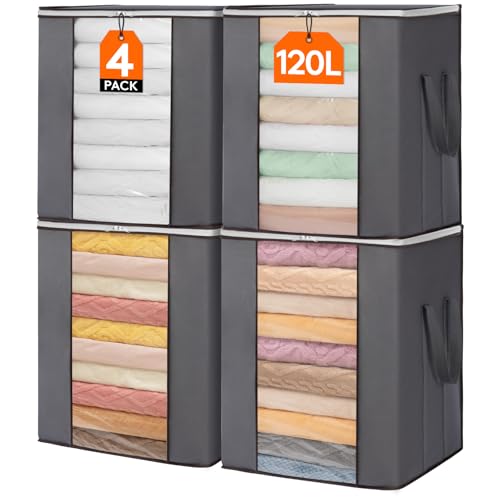 Lifewit 120L Extra Large Blanket Storage Bags, Foldable Comforter Storage with Reinforced Handles, Clothes Storage Containers for King Comforter, Bedding, Pillow, Sheet, Storage Bin with Lids 4 Pack - size: 120L