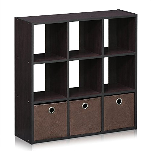 Furinno Simplistic 9-Cube Organizer with Bins, Small Size (Assembled Unit Dimensions : 7.9"D x 26.5"W x 26.7"H Inches), Dark Walnut - color: Dark Walnut, size: 9-Cube with Bin
