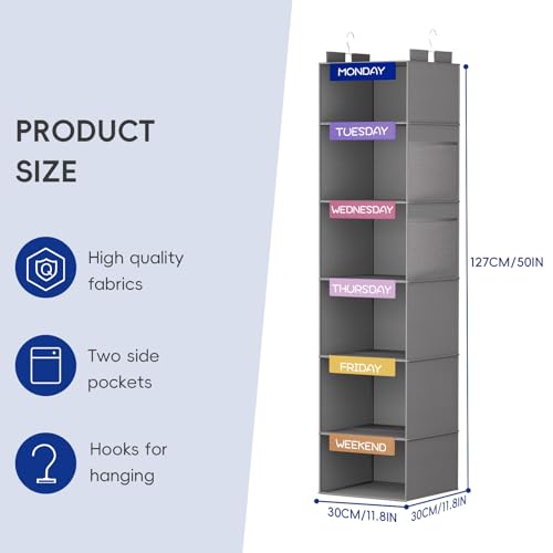 VERONLY Weekly Hanging Closet Organizer for Kids, 6-Shelf Clothes Storage with Labeled Days of The Week Monday Through Friday, Weekday and Weekend, Days of The Week Clothes Organizer - color: Grey
