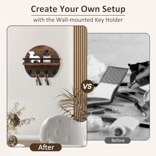 Nekon Key Holder for Wall - 9.8 Inch Apartment Wall Decor with Shelf and 8 Key Hooks, Circular Wood Key Hanger for Home Decor (Brown) - color: Brown