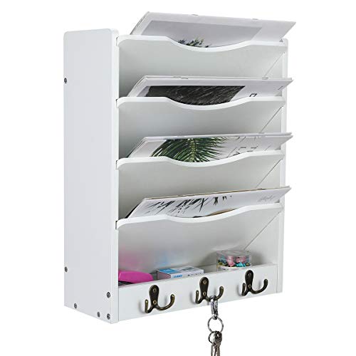 PAG 5-Tier Wall File Holder Hanging Mail Organizer Wood Magazine Literature Rack with 6 Hooks, White - color: White
