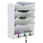 PAG 5-Tier Wall File Holder Hanging Mail Organizer Wood Magazine Literature Rack with 6 Hooks, White - color: White