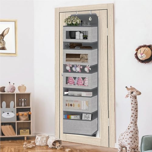 VERONLY Over The Door Hanging Organizer Storage with 5 Large Pockets,Wall Mount Clear Windows and 2 Widened Metal Hooks for Pantry,Nursery,Diapers,Bathroom,Kitchen,Closet,Dorm - color: Dark Grey