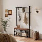 Coat Rack with Shoe Storage, Wood and Metal Frame, Entryway Hall Tree with Bench, Featuring 11 Hooks and 2-Tier Storage Shelves, 3-in-1, Entry Bench with Coat Rack (39.4" Walnut) - size: 100