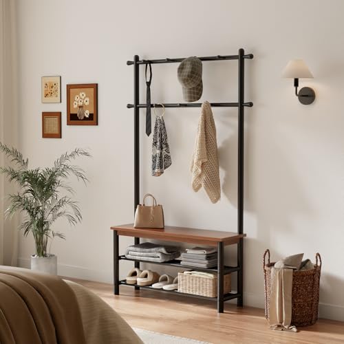 Coat Rack with Shoe Storage, Wood and Metal Frame, Entryway Hall Tree with Bench, Featuring 11 Hooks and 2-Tier Storage Shelves, 3-in-1, Entry Bench with Coat Rack (39.4" Walnut) - size: 100