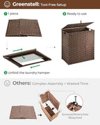Greenstell Laundry Hamper with lid, No Install Needed, 110L Wicker Laundry Baskets Foldable 2 Removable Liner Bags, 2 Section Clothes Hamper Handwoven Rattan Laundry Basket with Handles, Brown - color: Brown, size: 110L (22.2x13.3x24.0 Inches)