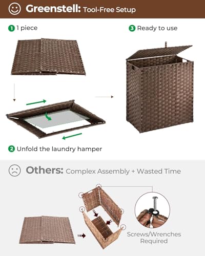 Greenstell Laundry Hamper with lid, No Install Needed, 110L Wicker Laundry Baskets Foldable 2 Removable Liner Bags, 2 Section Clothes Hamper Handwoven Rattan Laundry Basket with Handles, Brown - color: Brown, size: 110L (22.2x13.3x24.0 Inches)