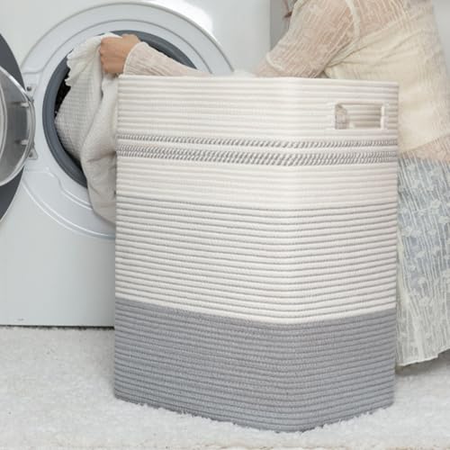 80L Large Cotton Rope Laundry Basket for Bedroom & Laundry Room, Tall Clothes Hamper with Sturdy Handles, Neutral Storage Bin Capable of Holding Blankets and Toys - color: Grey & White, size: 80L