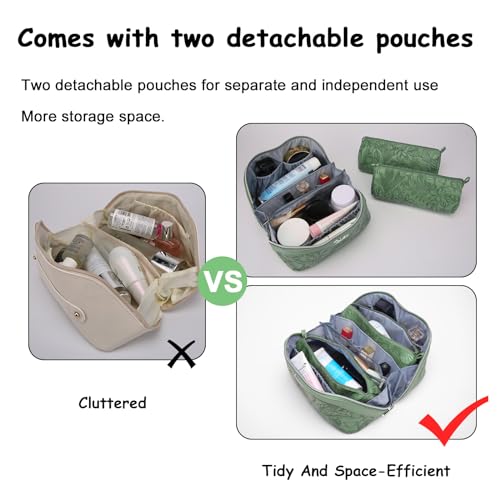 BOYATU Travel Makeup Bags Cosmetic Organizer Bag: 3-Set Large Capacity Make up Bag - PU Leather Toiletry Bags for Women - Wide Open Portable Pouch with Divider & Handle (03-Green-2) - color: 03-Green-2