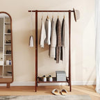 Tangkula Folding Rubber Wood Clothes Hanging Rack, Standing Garment Rack with Bottom Storage Shelf, Portable Clothing Organizer for Bedroom and Entryway (Walnut)
