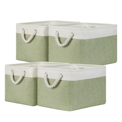 Temary Fabric Storage Baskets 4Pack Storage Bins Decorative Basket for Gift, Clothes Bin with Handles, Rectangle Baskets for Storage, Blankets(White&Green,15x11x9.5 inch) - color: white&green, size: 15"L x 11"W x 9.5"H