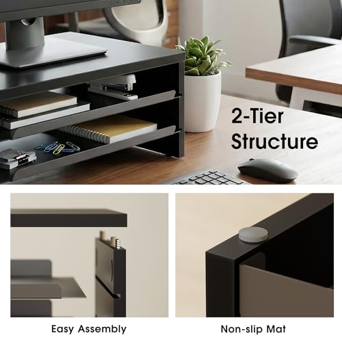 Fenge Monitor Stand, 3-Tier Monitor Riser with Slide-Out Tray, Wooden and Metal Desktop Organizer for Home Office, Computer, Laptop, Printer, Telephone - color: Black