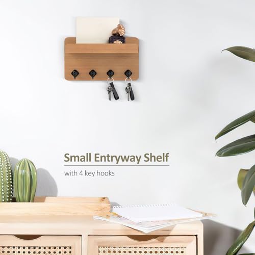 Nekon Key Holder Wall Mount, 8.5 Inch Small Home Decor Wooden Wall Organizer with 4 Hooks and Shelf, Key and Mail Holder for Living Room Entryway Kitchen (Wood) - color: Wood